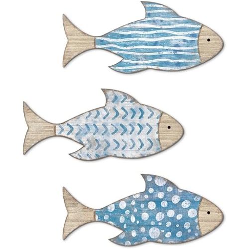 Putuo Decor 3 Pcs Wooden Fish Wall Decor Beach Nautical Coastal Theme Fish Wall Sculpture Wood School of Fish Wall Art Lake House Ocean Decor Vintage Ornaments for Home Bathroom Bedroom