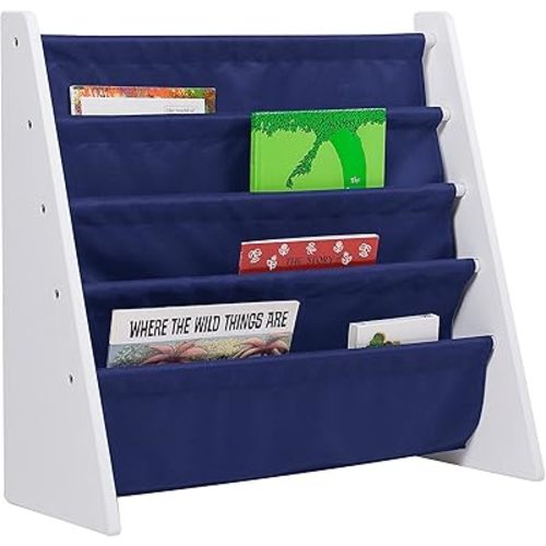 Wildkin Kids Premium Canvas Sling Bookshelf for Boys & Girls, Wooden Design Features Four Fabric Shelves, Keep Bedrooms, Playrooms, & Classrooms Organized, Measures 25 x 24 x 11 Inches (White w/Blue)