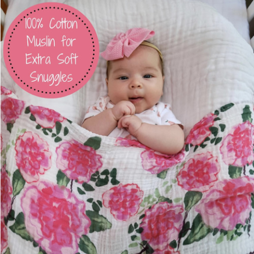 Peony Muslin Swaddle Blanket | 100% Cotton | Newborn and Infant Blanket | Large 47 x 47 inches for Girls | Light Weight and Breathable | Peony Flower Print