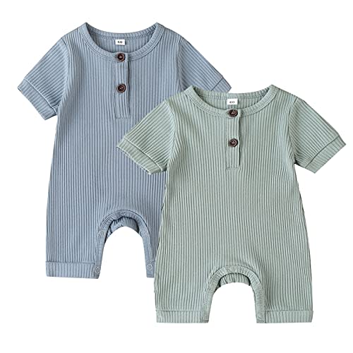 LUZOZEZO Infant Baby Boy Girl 2 Pack Solid Romper Ribbed Knit Onesie Short Long Sleeve One Piece Jumpsuit Clothes Sets