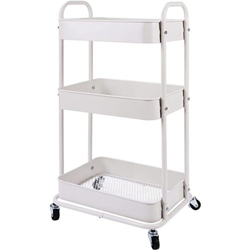 YOHKOH 3-Tier Metal Rolling Utility Cart, Storage Trolley Cart with Mesh Baskets and Lockable Wheels for Bathroom Kitchen Office(White)