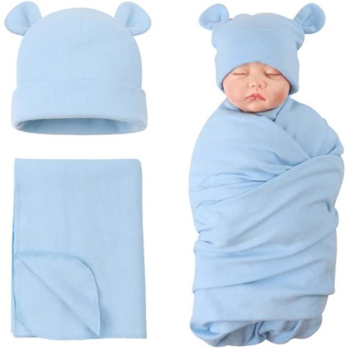 PESAAT Cotton Baby Swaddle Hat Set Newborn Infant Hats Receiving Blankets for Baby Boys Girls - Sky Blue(swaddle&hat) - 0-6 Months