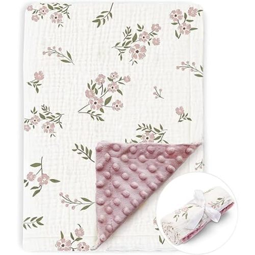 BOPRIO Muslin Baby Blankets for Girls Super Soft Nursery Minky Blankets with Breathable Muslin Cotton Front and 3D Touch Dotted Fleece Backing, Pink Floral Printed Bed Throws Newborn 30 x 40 Inch