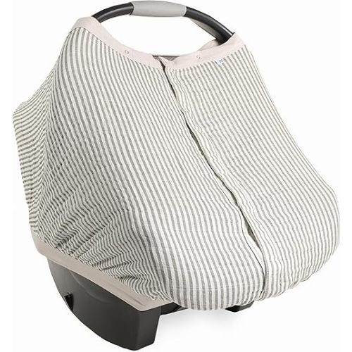 Little Unicorn 100% Cotton Muslin Car Seat Canopy | Super Soft Lightweight Cover with Window | Breathable | Magnetic Closure | Baby and Infant | Machine Washable | Shower Gift (Grey Stripe)