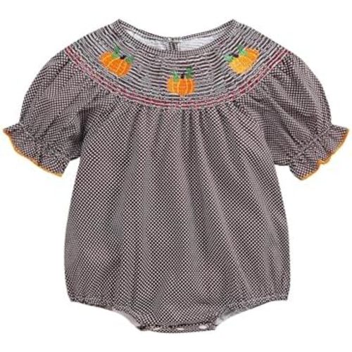 Halloween Baby Girl Outfits Newborn Pumpkin Plaid Short Sleeve Smocked Bubble Romper Cute Infant Christmas Clothes