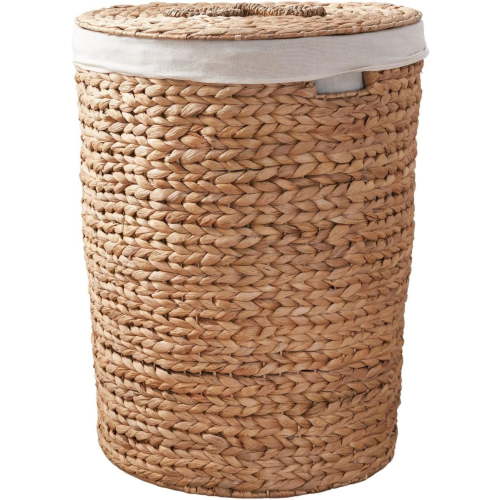 Round Woven Wicker Laundry Hamper with Lid - Large Water Hyacinth Storage Wicker (Natural Brown, 15x15x20 in)