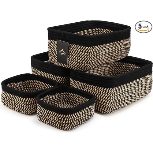 5-Pack Small Woven Rope Storage Baskets – 2 Sizes Organizer Bins for Closet, Shelf, Bookshelf, Nursery, Changing Table, Fabric Cube Boxes, Rectangular Shallow Bins for Bathroom, Toy & Home