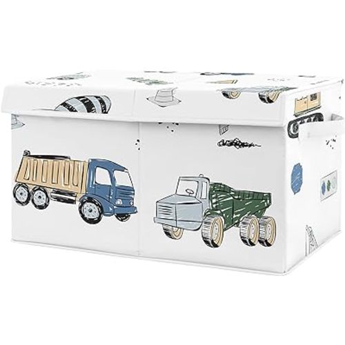 Sweet Jojo Designs Construction Truck Boy Small Fabric Toy Bin Storage Box Chest For Baby Nursery or Kids Room - Grey Yellow Black Blue and Green Transportation