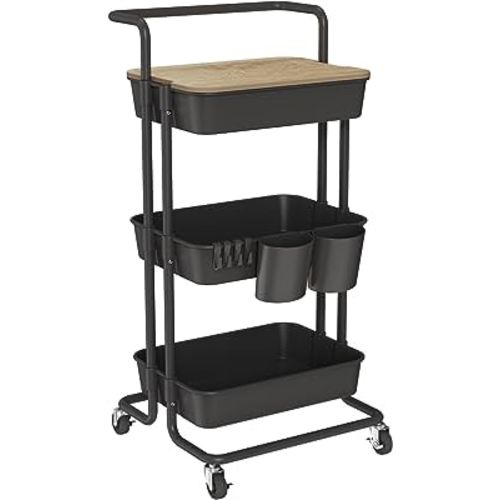 DTK 3 Tier Rolling Cart Uility Cart with Cover Board, Mobile Storage Cart with Wheels, Cups, Hooks for Office Utility Kitchen Bathroom Homeschool Art Craft Postpartum Teacher Cart Organizer(Black)