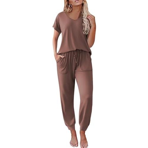 Ekouaer Pajama Sets for Women 2 Piece Lounge Sets Short Sleeve Pullover Top and Jogger Pants Pjs Sleepwear Tracksuit S-XXL