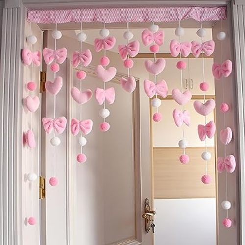 Cute Plush Curtain for Door Window Wall 33" W x 36" L Self-Adhesive Pink Bow Heart-Shaped Kawaii Curtain for Living Room and Bedroom Decor