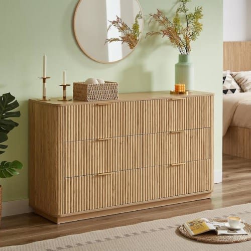 Relic Modern Brown 6-Drawers 55.12 in. Chest of Drawers with Metal Handle, Curved Wave Design, Dresser TV Stand, Oak