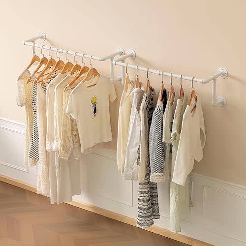 Clothes Racks, Industrial Pipe Clothing Racks for Hanging Clothes, Wall Mounted Heavy Duty Space Saving Garment Racks, Multi-Purpose Clothing Hanging Rods for Closet Storage, White, 2Pcs