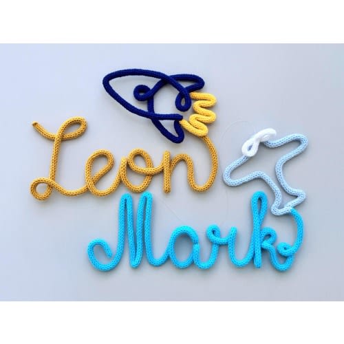 Custom Knitted Name Sign with Moon and Star, Personalized Nursery Decor, Baby Boy Gift, Tricotin Wire Name