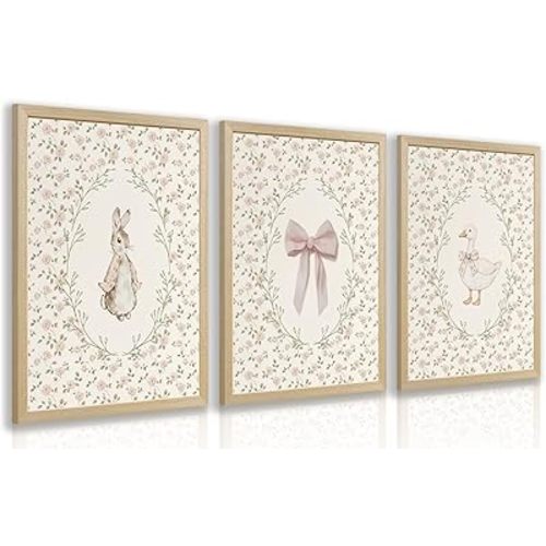 PORENY Baby Girl Nursery Wall Art Set of 3, Pink Bow Rabbit Goose Canvas Prints, Cute Floral Nursery Decor, Vintage Neutral Animal Artwork for Girls Room Kids Bedroom Wood Framed 12x16 Inch