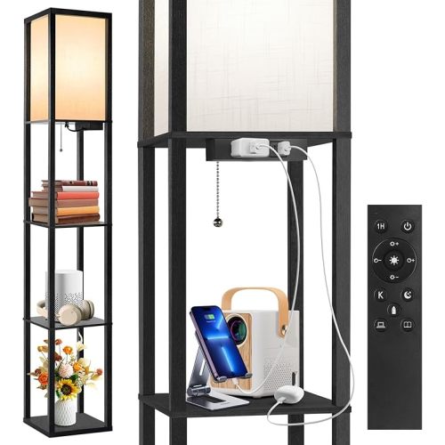 OUTON Floor Lamp with Shelves, Dimmable Shelf Floor Lamp with Remote, 1USB & 1 Type C Ports, 1 Power Outlet, Modern Standing Lamp with 4 Color Temperature for Living Room, Bedroom, Matte Black - Black Matte