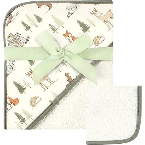 Hudson Baby Unisex Baby Cotton Hooded Towel and Washcloth, Forest Animals, One Size