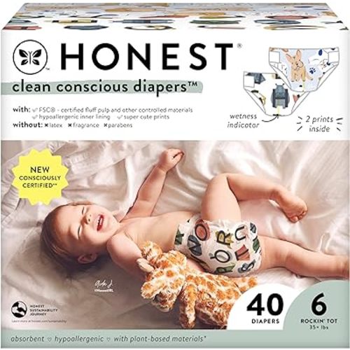 The Honest Company Clean Conscious Diapers for Sensitive Skin | Hypoallergenic, Fragrance Free | Gender Neutral Prints | Club Box, Size 6 (35+ lbs), 40 Count