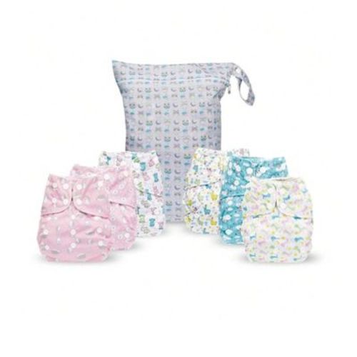 6ct Reusable Cloth Diapers, One Size Adjustable, Washable Soft Absorbent, Waterproof Cover, 4-layers Microfiber Inserts (monkey) - Simple Being
