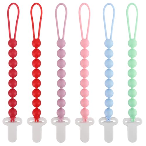 6-Pack Silicone Pacifier Clips for Babies, Safe Teething Beads, Rust-Free Holders, Baby Boy and Girl Essentials, Newborn Must-Have Accessories, BPA-Free (Pink)