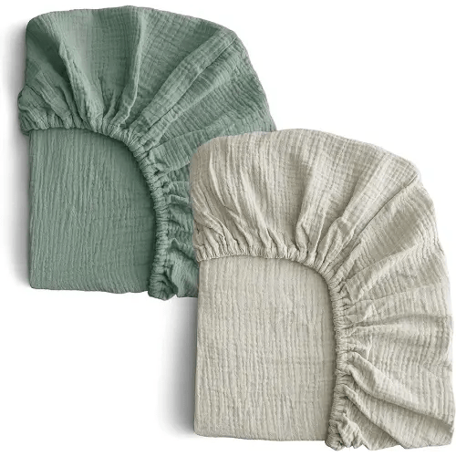 COSMOPLUS-Muslin-Crib-Sheets-for-Girls-Boys-Neutral-Baby,2 Pack Boho Crib Matress Sheet,Fitted Crib Sheet for Standard Crib Mattress & Toddler Bed Mattress,Organic Cotton,Slate Green & Light Gray