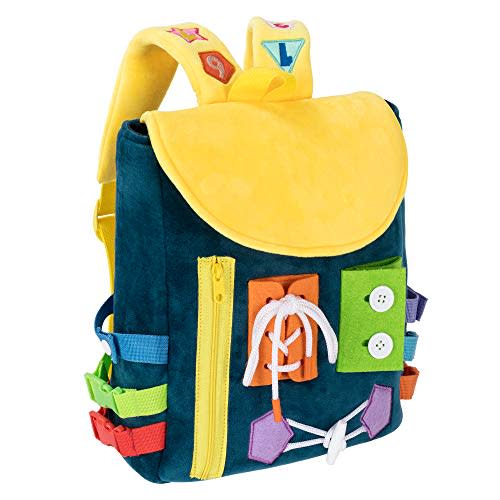 Busy Board - Toddler Backpack with Buckles and Learning Activity Toys - Develop Fine Motor Skills and Basic Life Skills - Learn to Tie Shoes - Children's Travel Toy Navy Blue