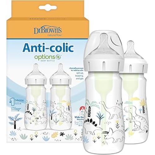 Dr. Brown's Natural Flow® Anti-Colic Options+™ Wide-Neck Baby Bottle Designer Edition Bottles, Dino Decos, 9oz/270mL, Level 1 Nipple, 2-Pack, 0m+