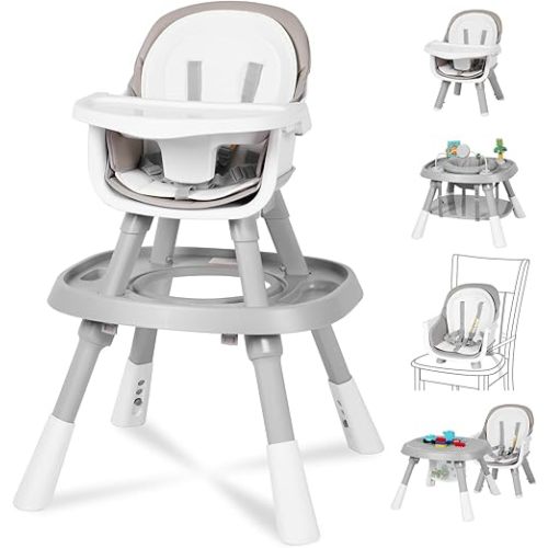 15 in 1 Baby High Chair, Convertible HighChair for Babies and Toddlers with Activity Play Center/Infant Dining Booster Seat/Building Block Table, Safety Harness&PU Cushion Feeding Chair, Grey