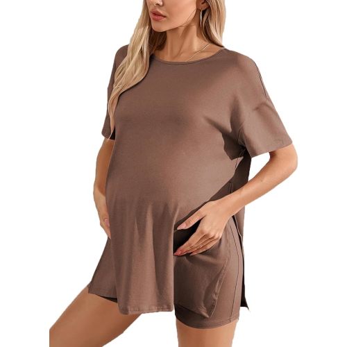 OYOANGLE Women's Maternity 2 Piece Outfits Short Sleeve Split Hem Tee Shirt and Shorts Set