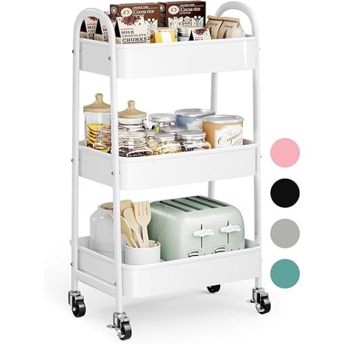 3 Tier Rolling Cart Metal with Wheels, White Three Tiered Craft Cart Organizer on Wheels, Storage Utility Carts for Art, Baby Diaper Caddy, Snack, Book, Nail, Lash, Cleaning Supplies, Kitchen,Bathroom