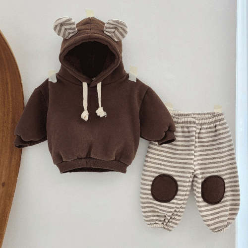 Bear Hooded Fleece Hoodie/Striped Patch Pants