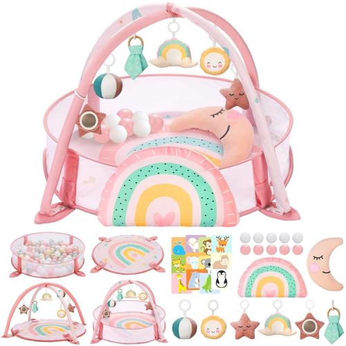 7-in-1 XL Large Baby Play Gym Mat, Tummy Time Mat, Baby Activity Mat, Baby Gym & Ball Pit with Tummy Time Pillow, 10 Balls, Milestone Cards & 6 Detachable Toys Rainbow