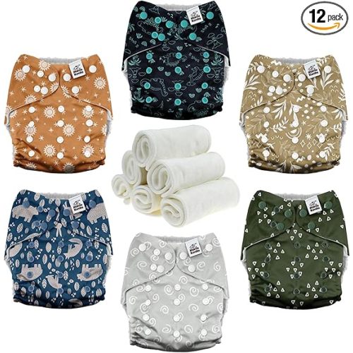 Mama Koala 3.0 Cloth Diapers for Babies with AWJ Lining, 6 Pack with 6 Natural Cloth Diaper Inserts - Reusable and Washable Pocket Diapers (Natural Elements)