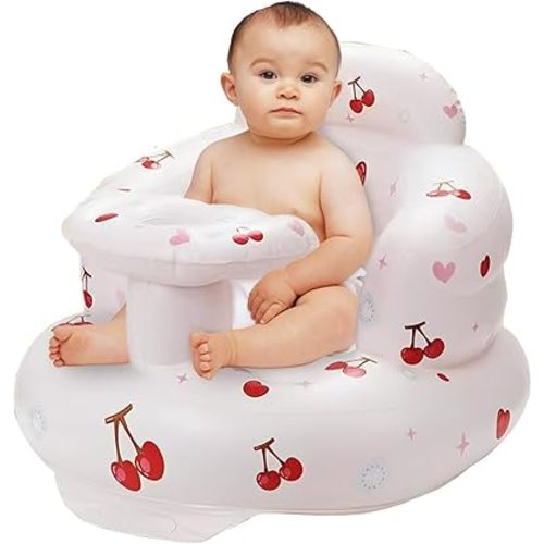 Inflatable Baby Seat for Babies Toddlers Floor Chair Sitting Up Pump Blow Up Bouncer for Infant Ages 6 12 18 24 36 Months Boys Girls Portable Sofa Toys Activity (Red Cherry)