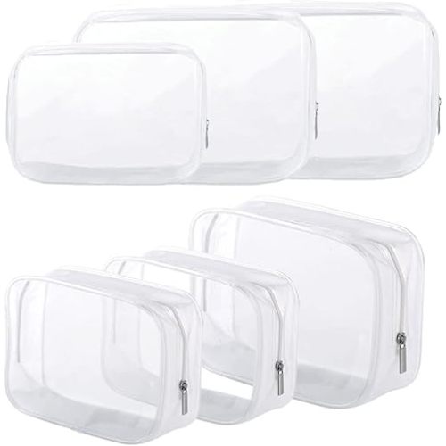 6 Pack Clear Toiletry Carry Pouch with Zipper Portable Plastic Waterproof Cosmetic Bag TSA Approved for Vacation Travel Bathroom and Organizing (White, Small and Large)