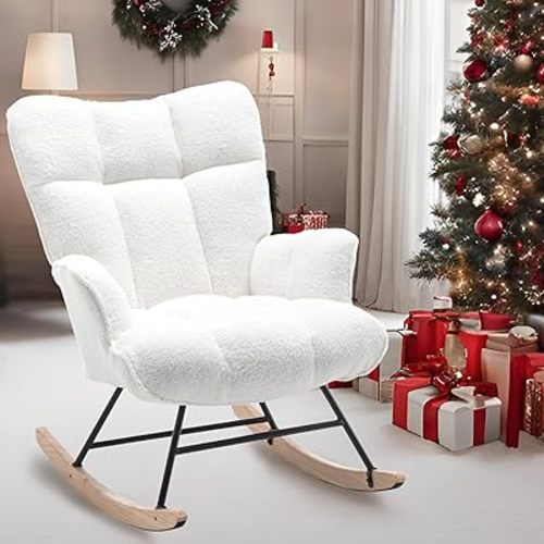 Rocking Chair Nursery Teddy, Upholstered Baby Fluffy Glider Rocker for Adults Small Spaces Indoor, Comfy Sherpa Compact Nursing Chairs for Living Room, Bedroom, Classroom, White