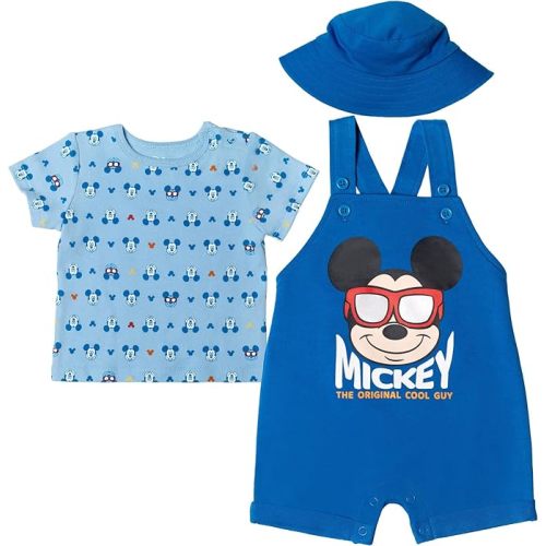 Disney Mickey Mouse Baby French Terry Short Overalls T-Shirt and Hat 3 Piece Outfit Set Newborn to Infant - 3-6 Months - Blue