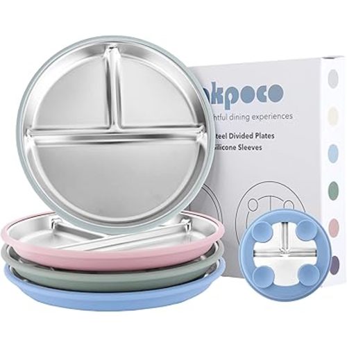 Stainless Steel Suction Plates for Toddlers, 9" Divided Kids Baby Plates with Removable Silicone Suction, Non Toxic Non Slip Portion Control Snack Dishes 4 Packs, Blue Green Gray Pink