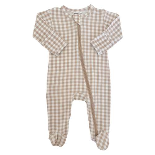 2-Way Zip Footie, Tan Gingham