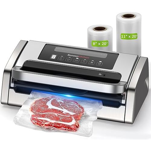 Bonsenkitchen Vacuum Sealer Machine, Powerful Low-Noise Food Vacuum Sealer, Globefish Technology for High-Speed Continuous Working (Full Silver)