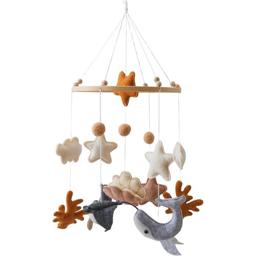 Baby Mobile for Crib – Handmade Whale Nursery Mobile with Shells, Clouds & Ocean Elements, Mobile for Crib with Beech Wood Ring, Baby Crib Mobile Felt Hanging Toy, Bassinet Mobile Coastal Decor