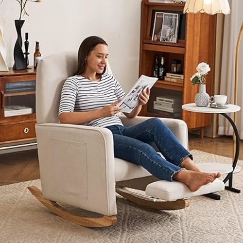 FOXHUNTER Rocking Chair, Nursery Chair with Adjustable Footrest and High Backrest, Glider Chair for Nursery with Side Pockets,Upholstered Rocking Chair Indoor for Living Room,Cotton Linen Beige