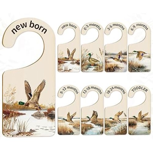 Whaline 8Pcs Baby Closet Size Dividers Watercolor Mallard Duck Hanging Wood Baby Closet Organizer Newborn to 24 Months Thicken Baby Wardrobe Organizer