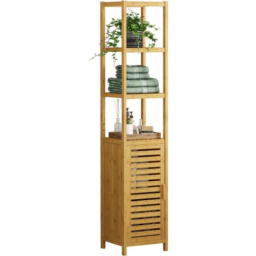 VIAGDO Tall Slim Storage Cabinet with Shutter Door and 3 Tier Shelves, Freestanding Linen Tower for Living Room, Kitchen, Bathroom Organizer, Natural Bamboo