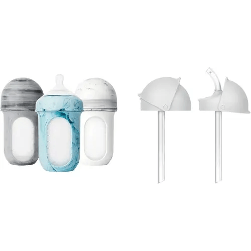 Boon Nursh Silicone Baby Bottles with Conversion Straw Sippy Cup Lids - Stage 2 Medium Flow Nipples - 8 Oz - 3 Count