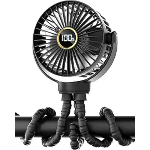 3.5" Battery Powered Baby Stroller Cooling Fan, 3-Speed Rechargebale Tripod Fan with 360 Degree Rotation, Quiet Portable Fan with LED Display, Great for Car Seat, Crib, Bike, Treadmill, Black