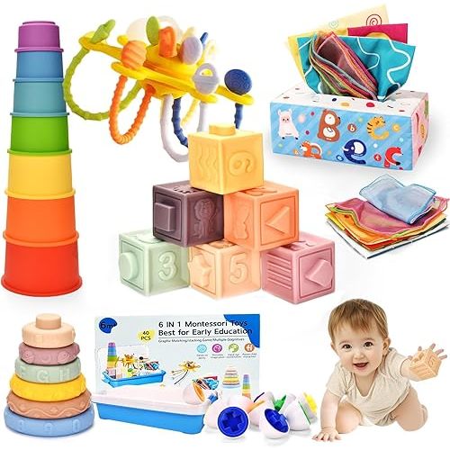 Montessori Toys for 1 Year old,Baby Toys 6-12 Months,6-in-1 Sensory Toy for Babies 6 month old,Stacking Blocks Cups,Pull String,Matching Eggs,Sensory Tissue Box Toy for Toddlers 6-9-12 Months Gifts