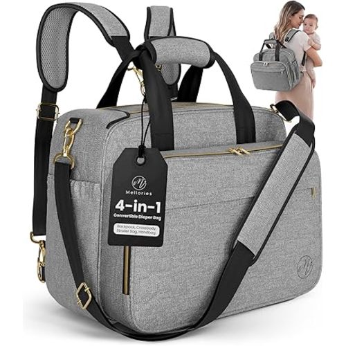 Mellories 4 in 1 Convertible Baby Diaper Bag – Converts from Tote to Backpack, Stroller & Crossbody Diaper Bag – Gray Baby Travel Bag – Gift for Moms