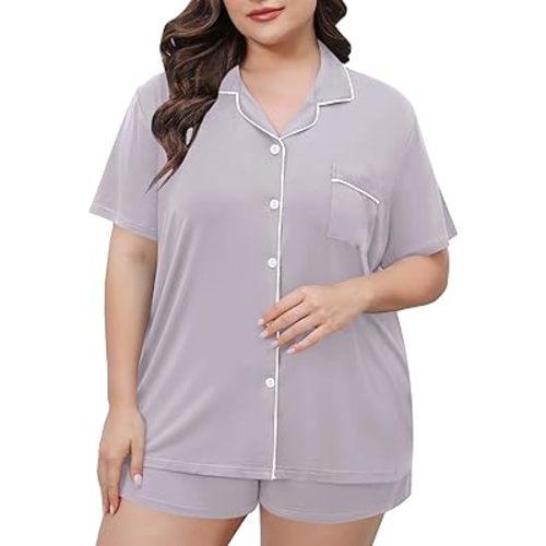 SWOMOG Women's Plus Size Pajamas Set Button Down Tops Short Sleeve Sleepwear Soft Pajama Shorts 2 Pcs Lounge Sets With Pocket