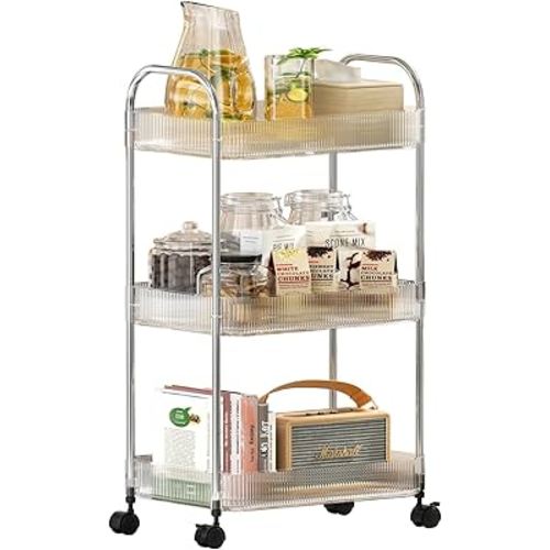 3 Tier Rolling Cart with Lockable Wheels, Clear Acrylic Utility Trolley with Handle, Heavy-Duty Storage Organizer for Kitchen Bathroom Nursery Laundry - Snack Book Craft Organizer (Clear)